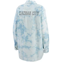 Women's WEAR by Erin Andrews Denim Kansas City Chiefs Chambray Acid-Washed Long Sleeve - Button-Up Shirt