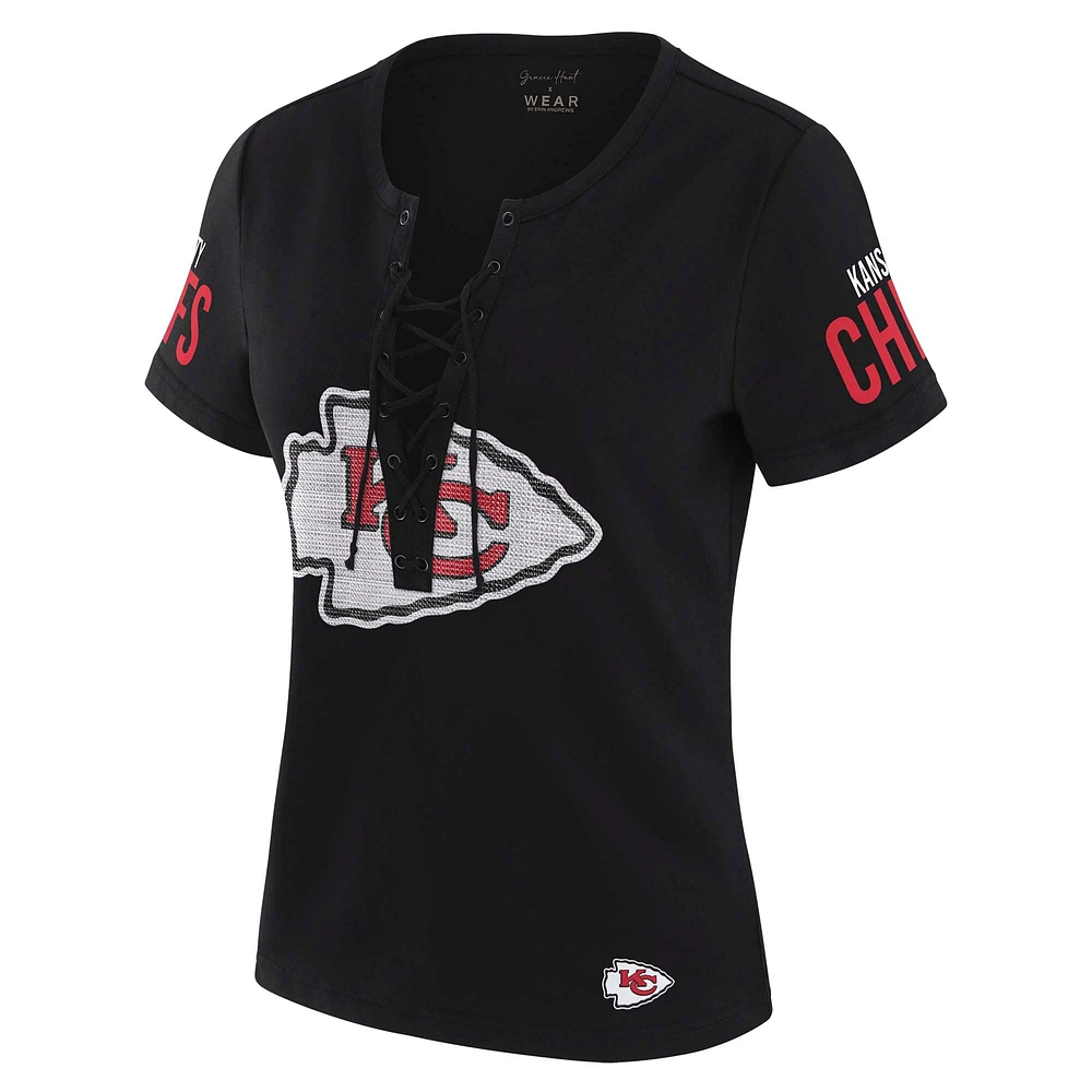 T-shirt à lacets noir Draft Me des Kansas City Chiefs pour femme WEAR by Erin Andrews x Gracie Hunt