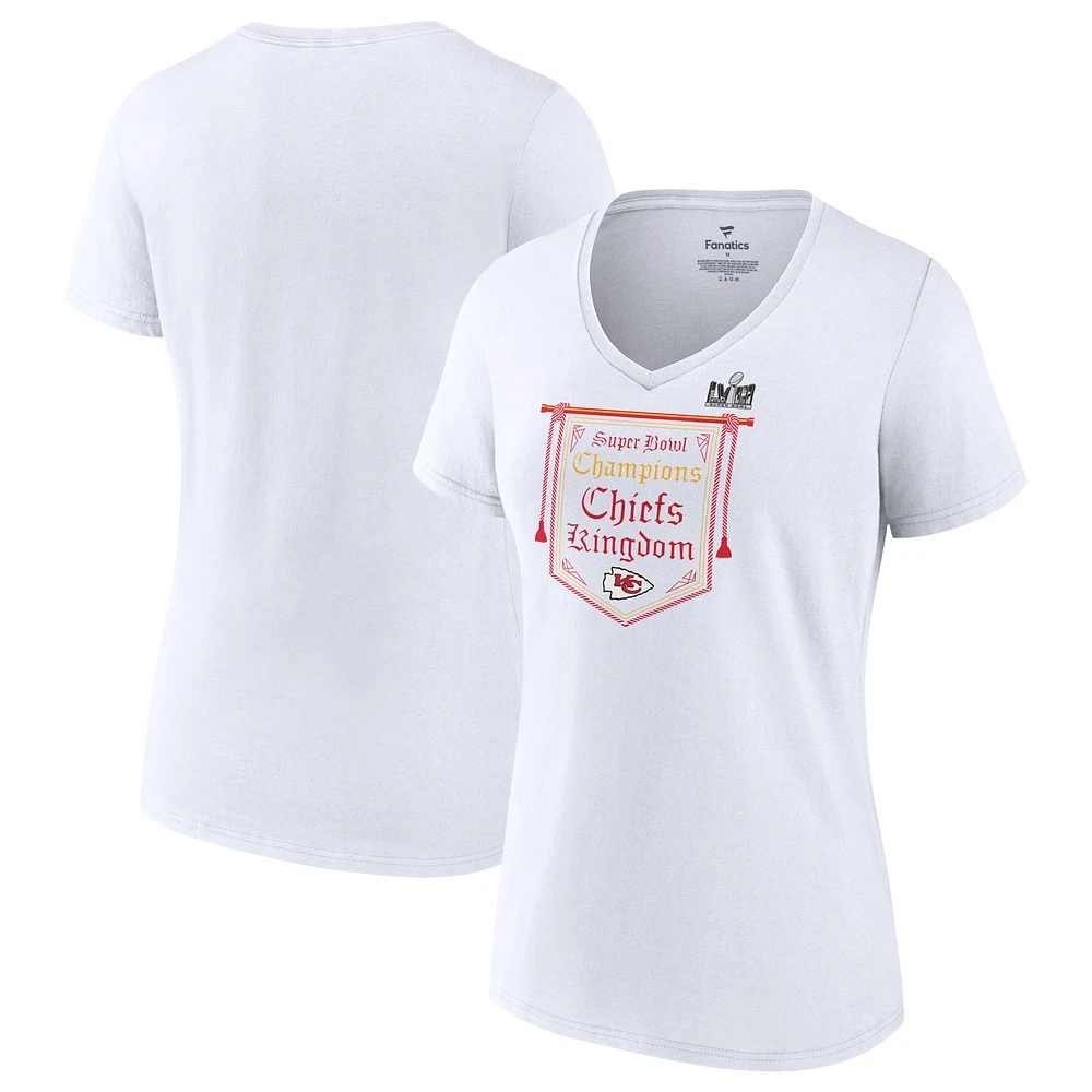 T-shirt à col en V blanc pour femme Kansas City Chiefs Super Bowl LVIII Champions On Top