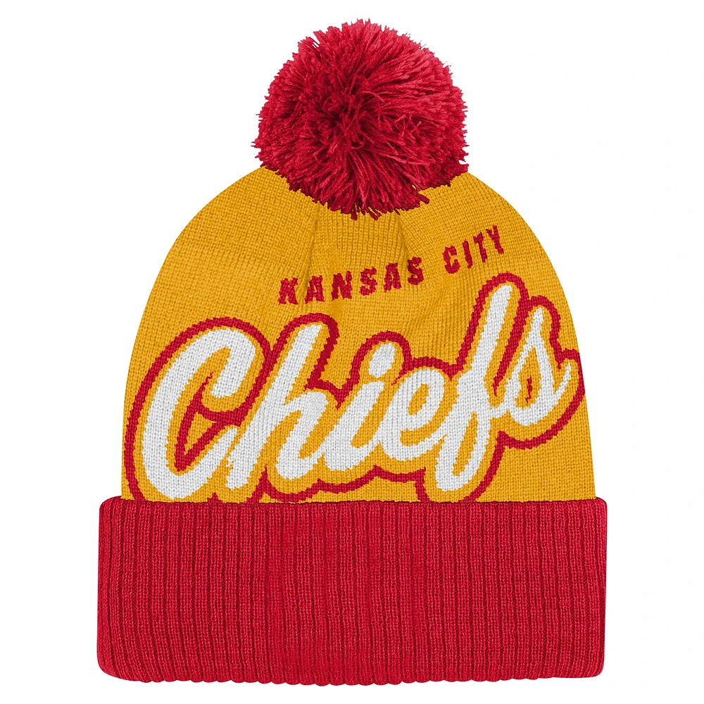 Youth Gold/Red Kansas City Chiefs Pro-Sport Jacquard Cuffed Knit Hat with Pom