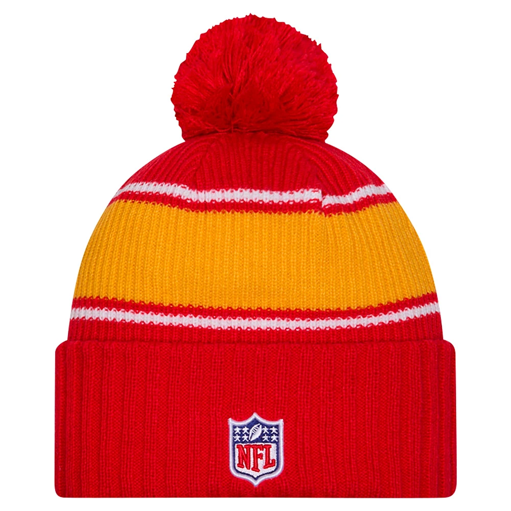Youth New Era Red Kansas City Chiefs 2024 Sideline Sport Cuffed Knit Hat with Pom