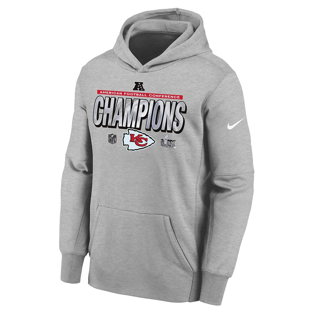 Youth Nike Heather Gray Kansas City Chiefs 2024 AFC Champions Locker Room Trophy Collection Fleece Pullover Hoodie