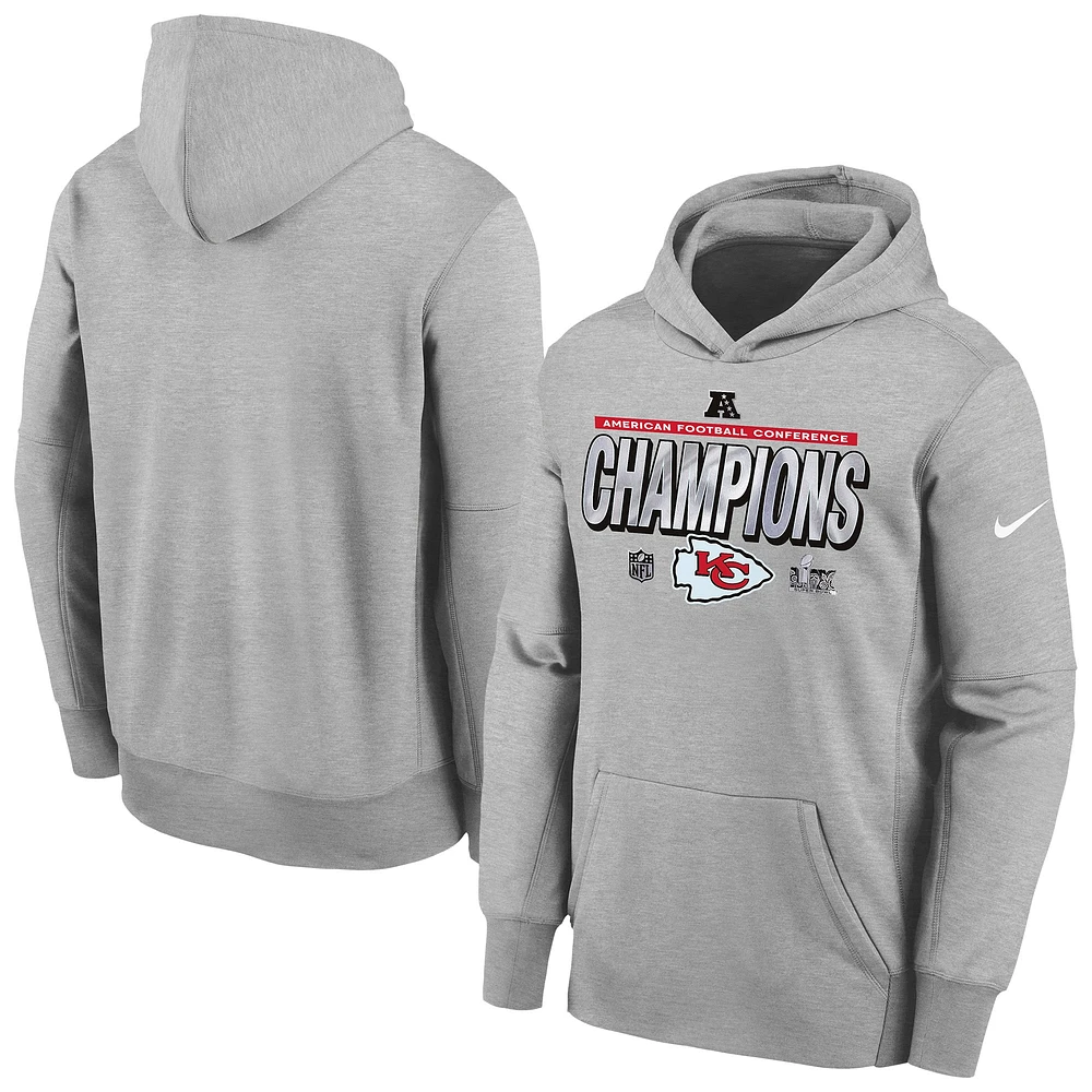 Youth Nike Heather Gray Kansas City Chiefs 2024 AFC Champions Locker Room Trophy Collection Fleece Pullover Hoodie