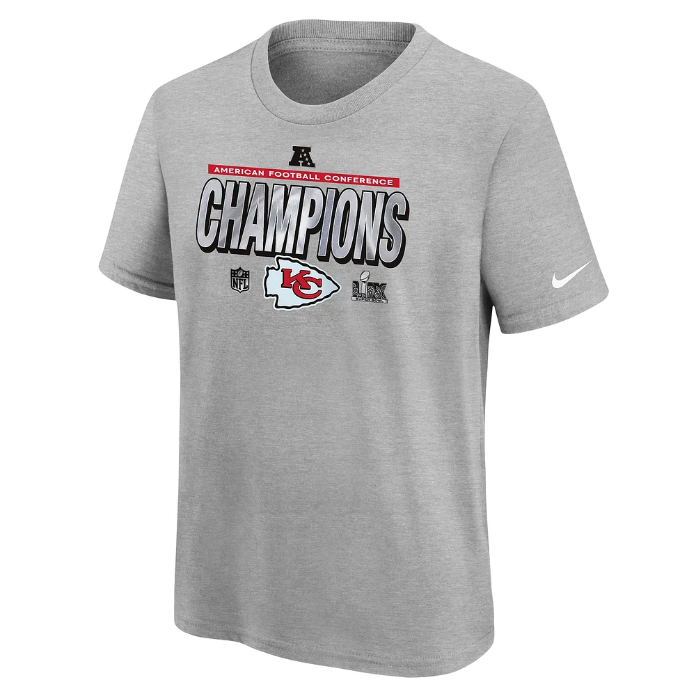 Youth Nike Heather Gray Kansas City Chiefs 2024 AFC Champions Locker Room Trophy Collection T-Shirt