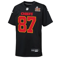 Youth  Nike Travis Kelce Carbon Black Kansas City Chiefs Super Bowl LIX Patch Fashion Game Jersey