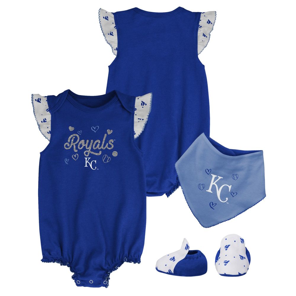 Girls Newborn & Infant Royal Kansas City Royals 3-Piece Home Plate Bodysuit Bib Booties Set