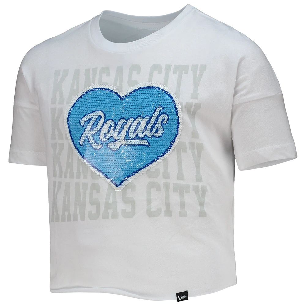 Girls Youth New Era White Kansas City Royals Flip Sequin Heart Crop Top
