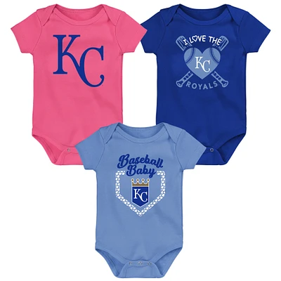 Ensemble de 3 bodys pour bébé, bleu royal/bleu clair/rose, Kansas City Royals Baseball