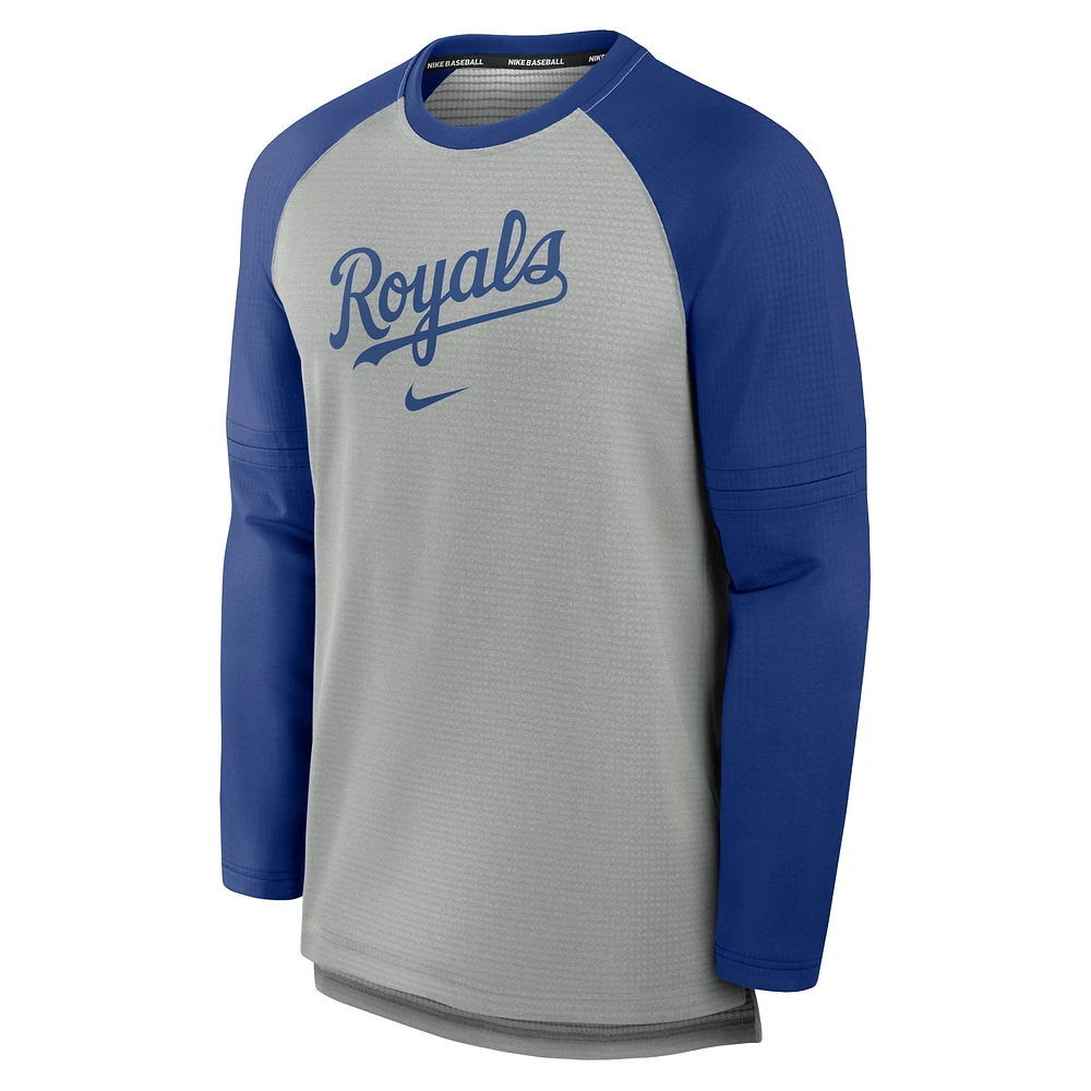 T-shirt à manches longues Nike pour homme, gris chiné/Royal Kansas City Royals Authentic Collection Game Time Raglan Performance