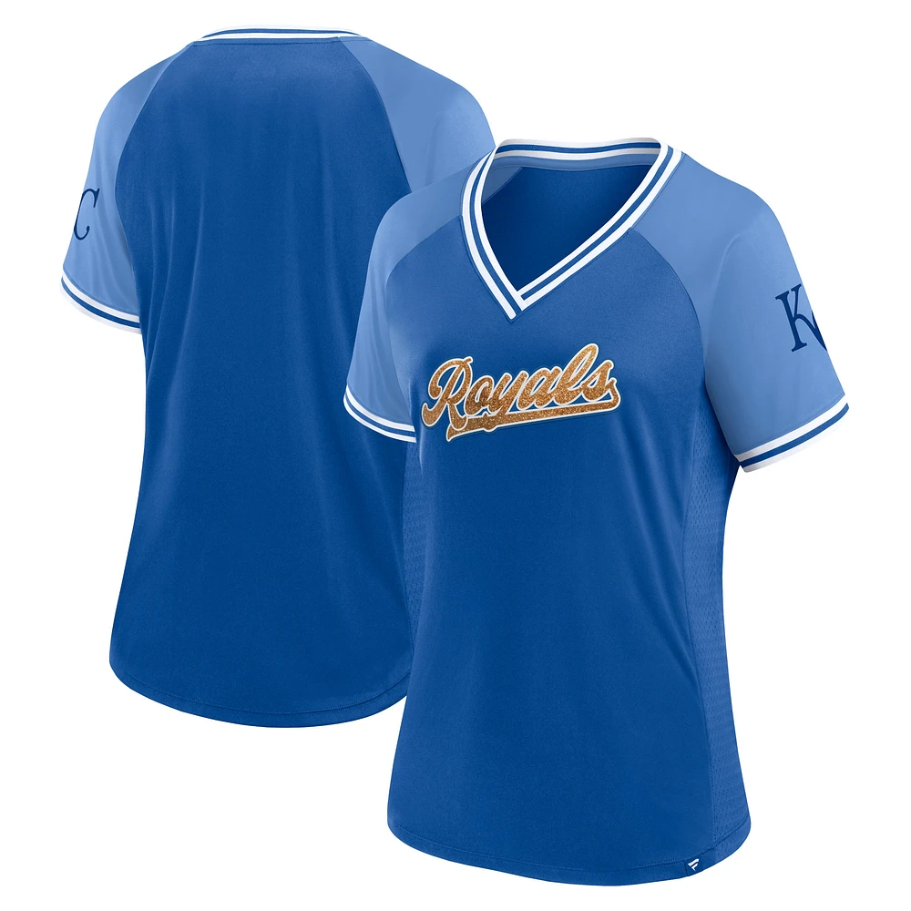 Women's Fanatics Royal Kansas City Royals Glitz & Glam League Diva Raglan V-Neck T-Shirt