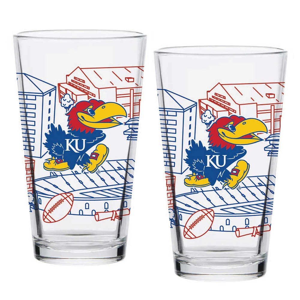 Kansas Jayhawks Two-Pack 16oz. Campus Line Art Pint Glass Set