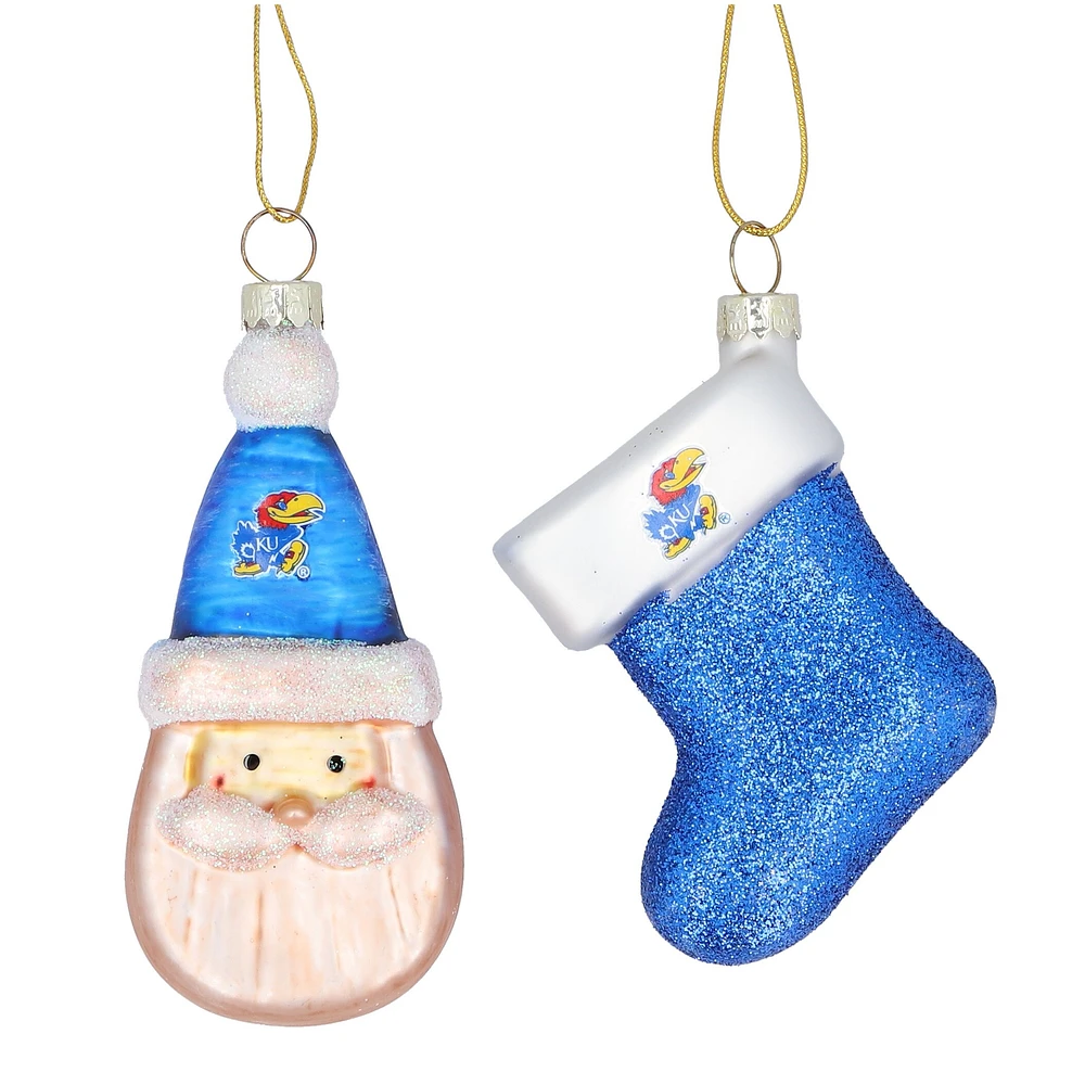 Kansas Jayhawks Two-Pack Santa & Stocking Blown Glass Ornament Set