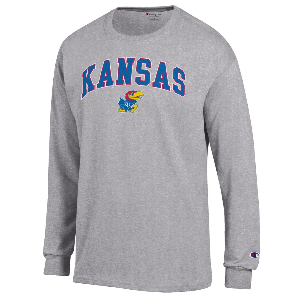 Men's Champion  Heather Gray Kansas Jayhawks Arch Over Logo Long Sleeve T-Shirt