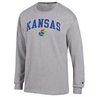Men's Champion  Heather Gray Kansas Jayhawks Arch Over Logo Long Sleeve T-Shirt