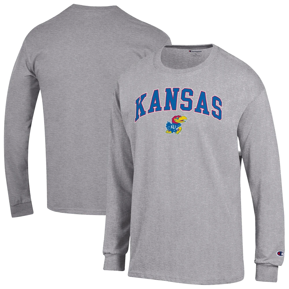 Men's Champion Heather Gray Kansas Jayhawks Arch Over Logo Long Sleeve T-Shirt