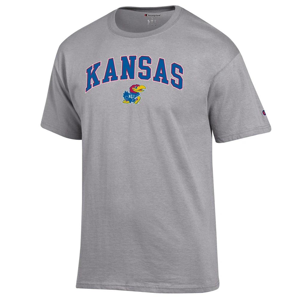 T-shirt Champion gris chiné pour homme avec logo arqué des Kansas Jayhawks