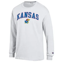 T-shirt à manches longues blanc Champion pour homme avec logo Arch Over des Kansas Jayhawks