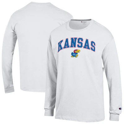 T-shirt à manches longues blanc Champion pour homme avec logo Arch Over des Kansas Jayhawks