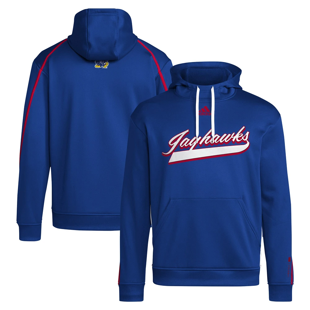 Men's adidas Royal Kansas Jayhawks 2024 Sideline Travel Pullover Hoodie