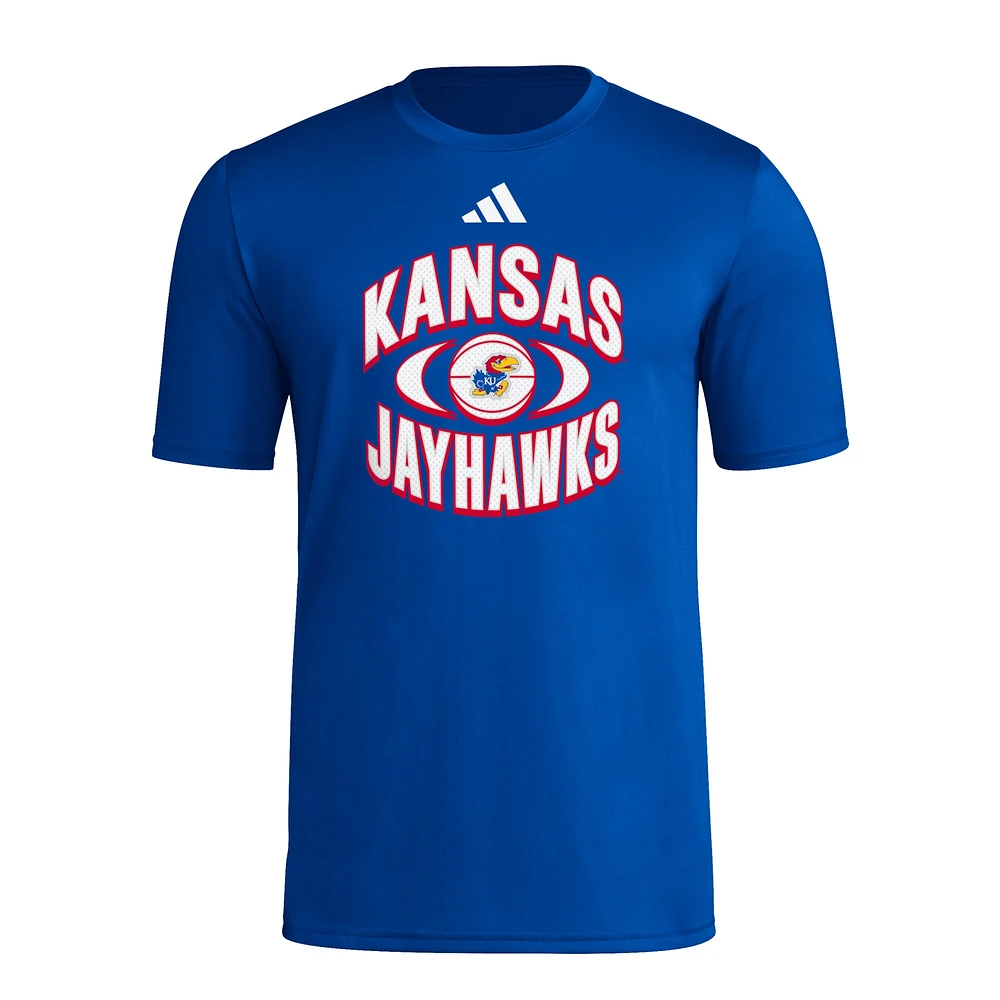 T-shirt d'avant-match de basket-ball adidas Royal Kansas Jayhawks On Court Orbit pour homme