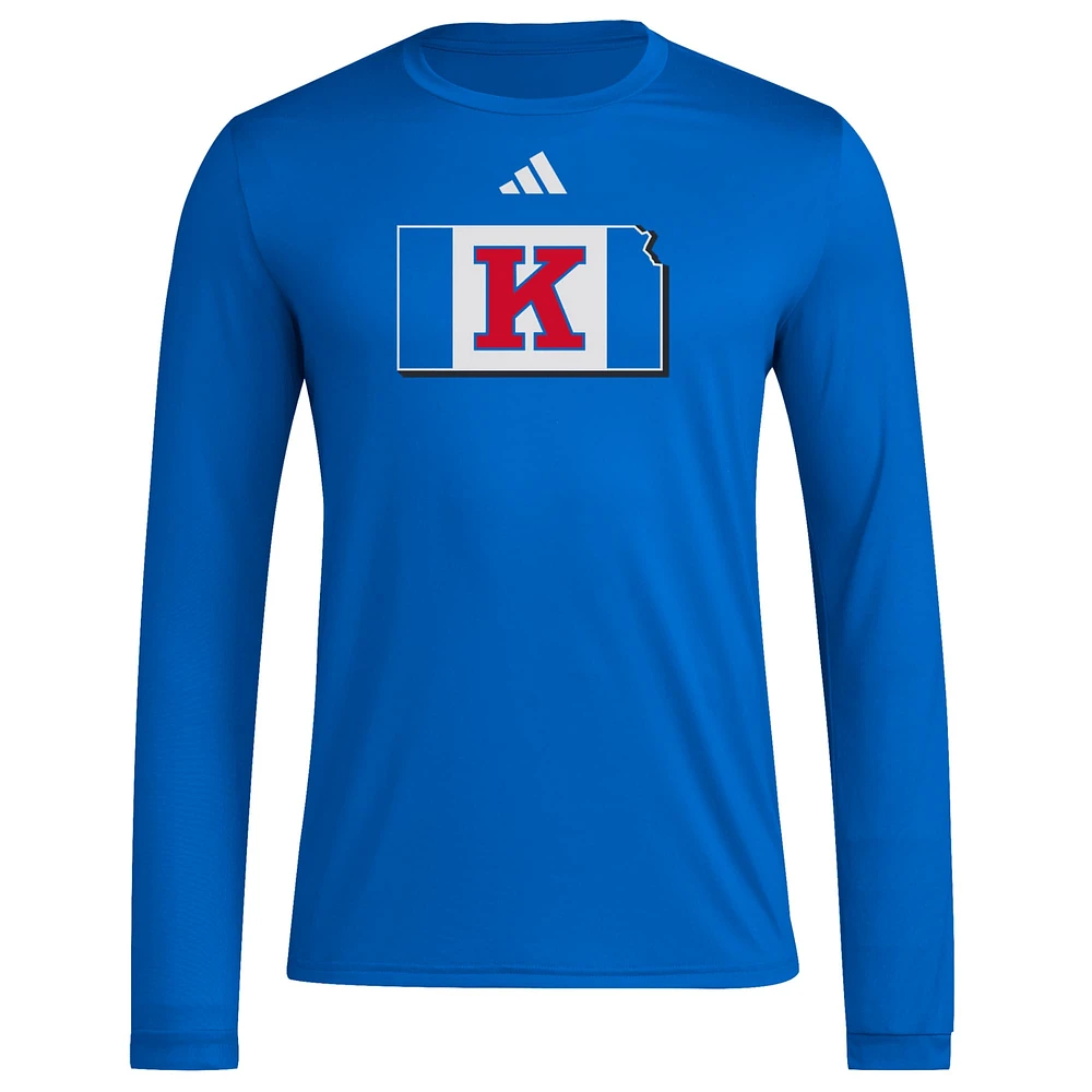 T-shirt à manches longues d'avant-match de basketball adidas Royal Kansas Jayhawks State Outline pour homme