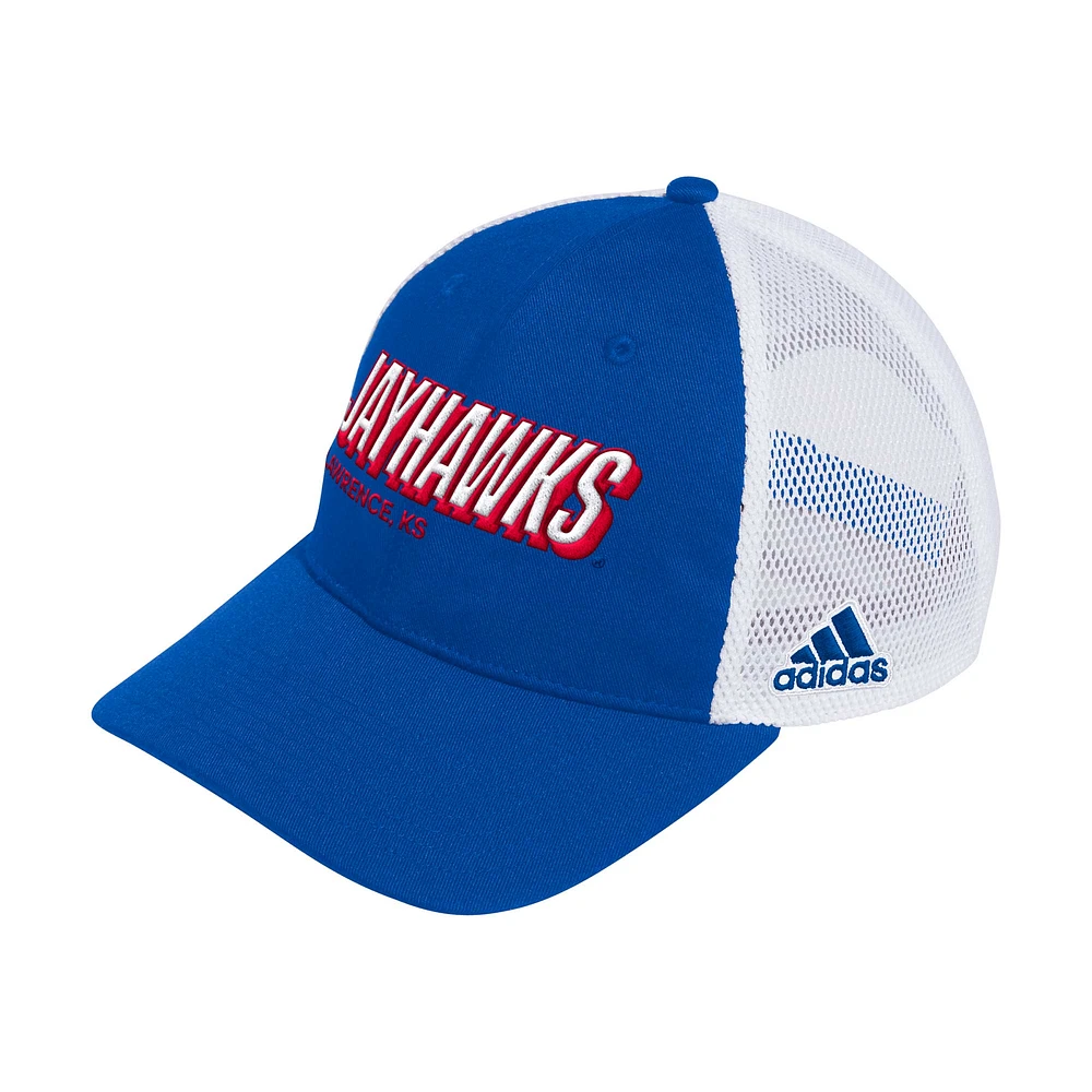 Men's adidas Royal Kansas Jayhawks Mascot Block Letter Slouch Trucker Adjustable Hat