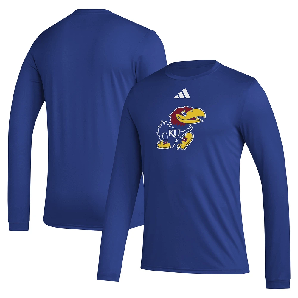 T-shirt à manches longues d'avant-match adidas Royal Kansas Jayhawks Primary Locker Logo pour homme