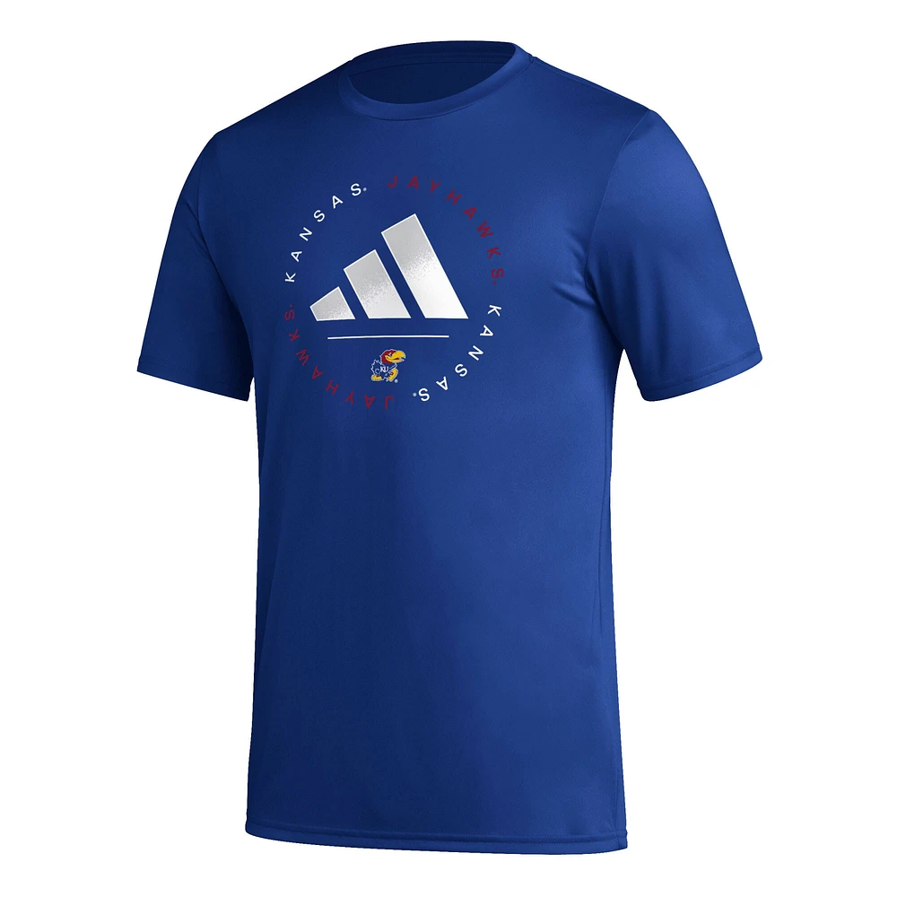 Men's adidas Royal Kansas Jayhawks Stripe Up AEROREADY Pregame T-Shirt