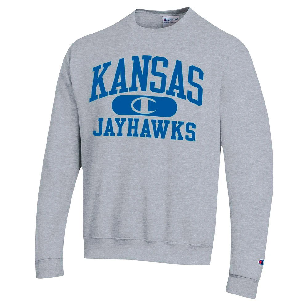 Men's Champion Heather Gray Kansas Jayhawks Arch Pill Sweatshirt