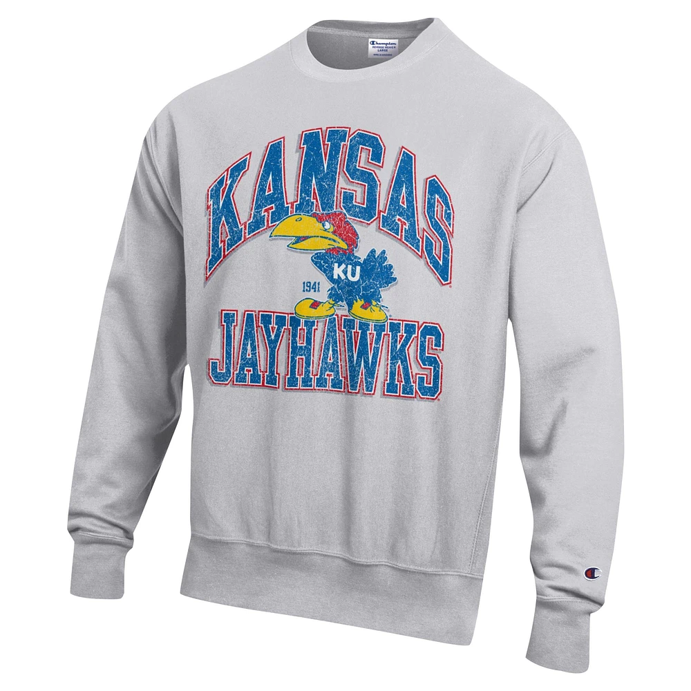 Sweat-shirt Champion Heather Grey Kansas Jayhawks Vault Late Night Reverse Weave pour hommes