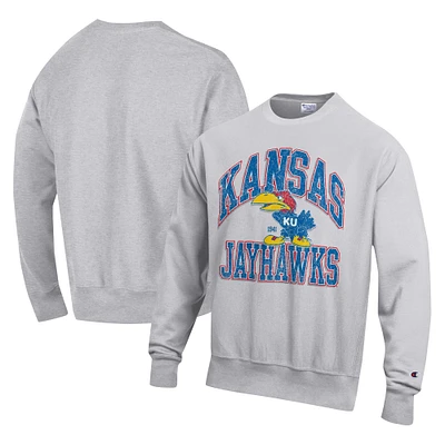 Sweat-shirt Champion Heather Grey Kansas Jayhawks Vault Late Night Reverse Weave pour hommes