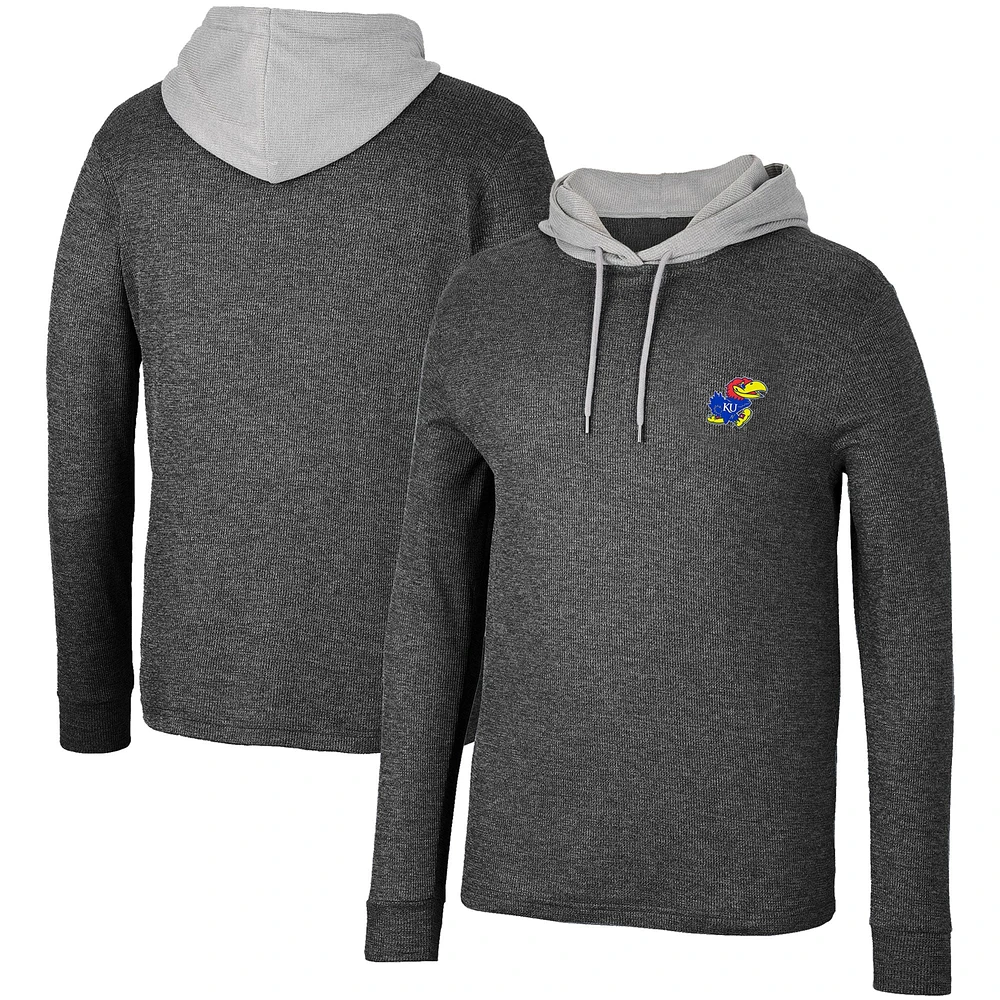 Men's Colosseum Black Kansas Jayhawks Ballot Waffle-Knit Thermal Long Sleeve Hoodie T-Shirt