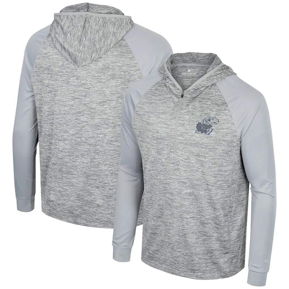 Men's Colosseum Gray Kansas Jayhawks Cybernetic Raglan Quarter-Zip Hooded Top