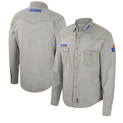 Chemise à manches longues Colosseum x Wrangler Grey Kansas Jayhawks coupe cowboy Western pour hommes