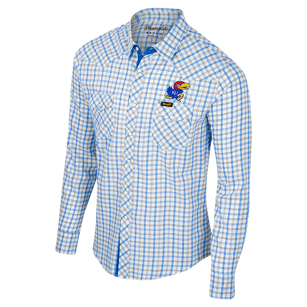 Chemise à manches longues et bouton-pression Colosseum x Wrangler pour hommes, blanche, Kansas Jayhawks, carreaux avec fenêtre