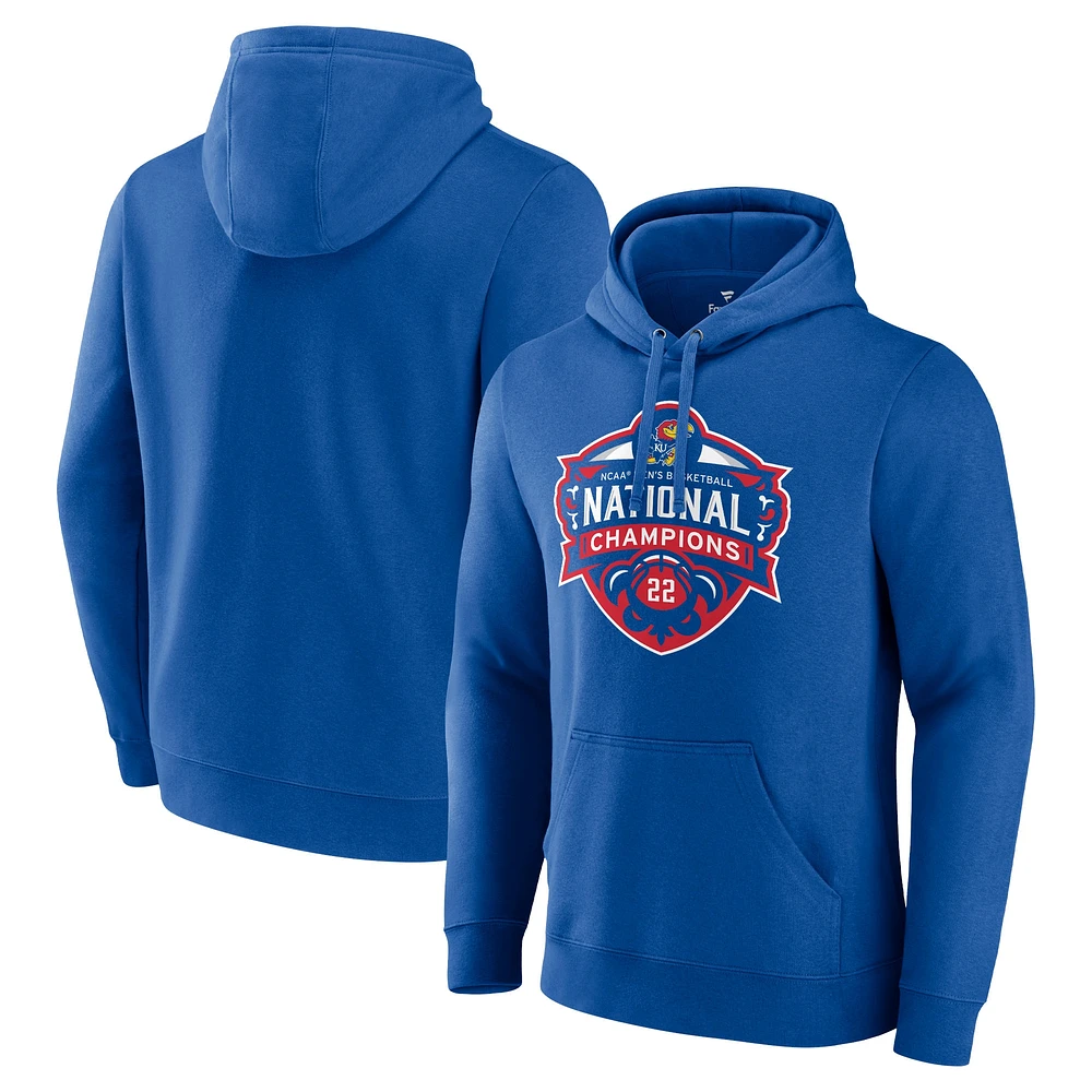 Men's Fanatics Royal Kansas Jayhawks 2022 NCAA Basketball National Champions Official Logo Fitted Pullover Hoodie