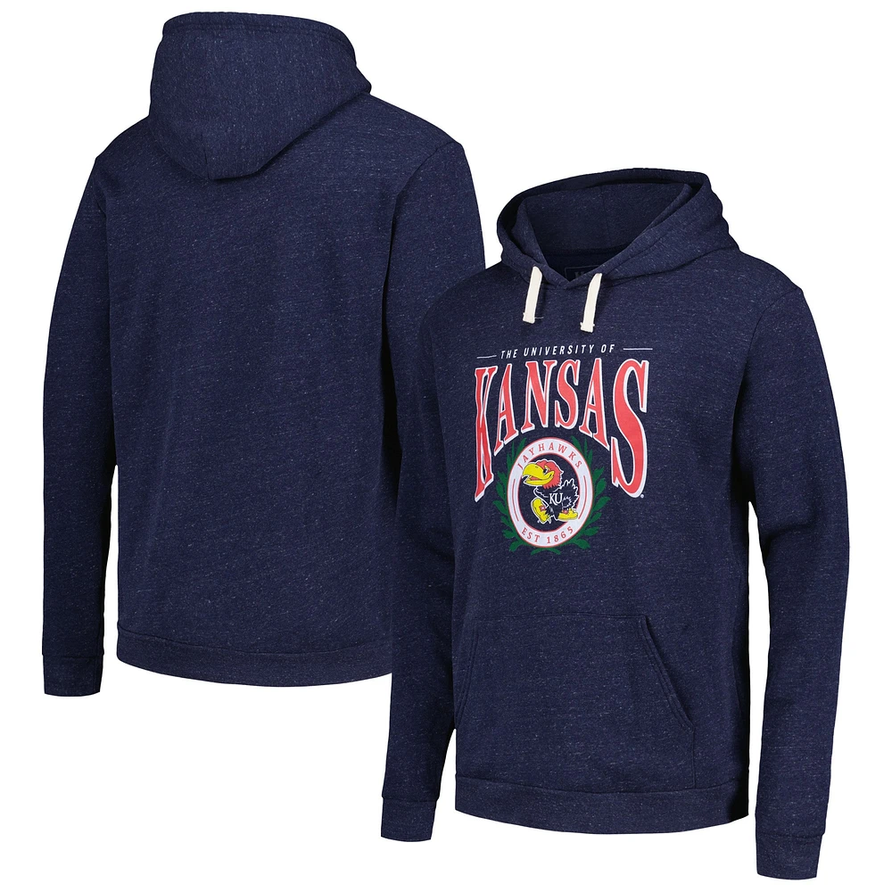 Men's Homefield Navy Kansas Jayhawks Tri-Blend Pullover Hoodie