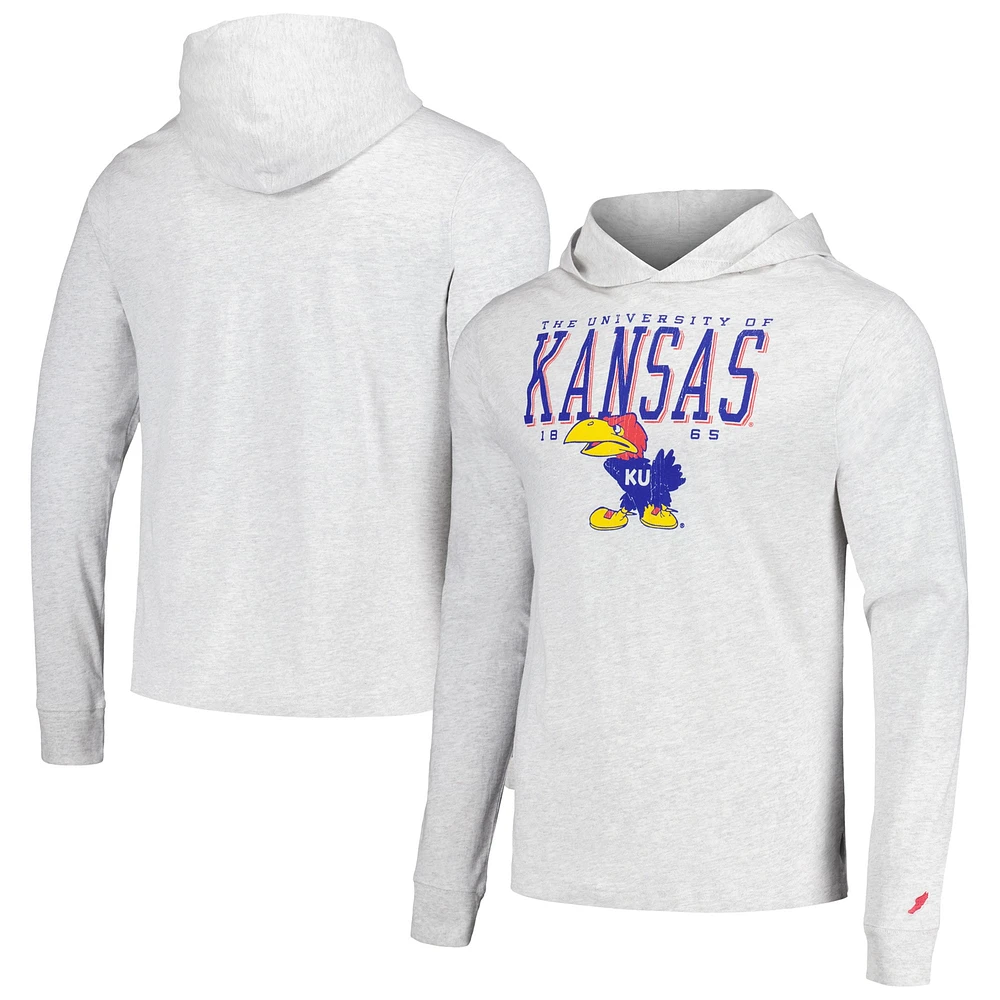 Men's League Collegiate Wear Ash Kansas Jayhawks Team Stack Tumble Long Sleeve Hooded T-Shirt