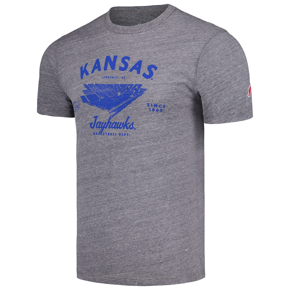 T-shirt triple mélange League Collegiate Wear pour hommes, gris chiné, Kansas Jayhawks Stadium Victory Falls