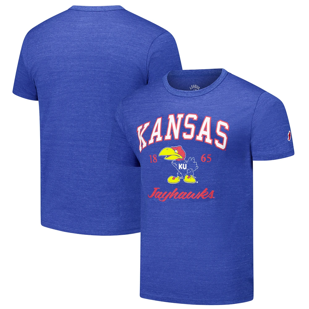 T-shirt à trois bandes Victory Falls Arch Script des Kansas Jayhawks Heather Royal pour hommes de la ligue universitaire