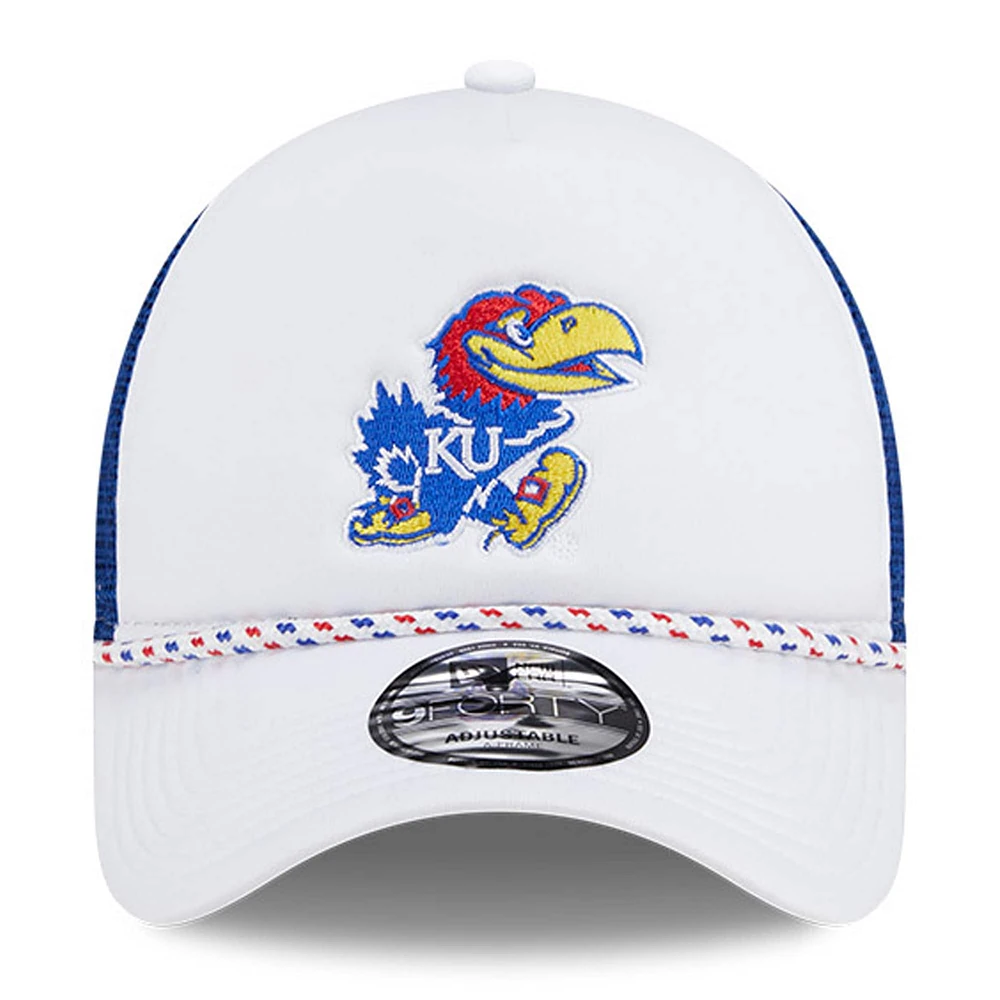 Men's New Era White/Royal Kansas Jayhawks Court Sport Foam A-Frame 9FORTY Adjustable Trucker Hat