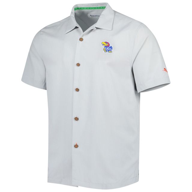 Chemise boutonnée pour homme Tommy Bahama Gray Kansas Jayhawks Coconut Point Frondly Fan Camp IslandZone