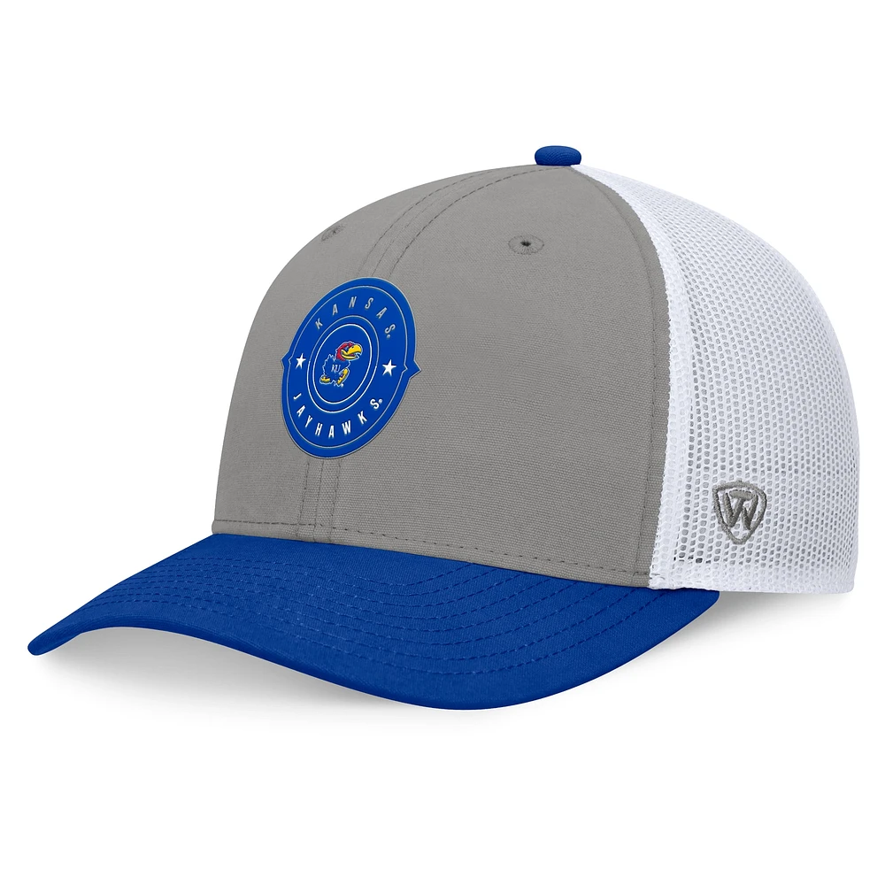 Casquette réglable Top of the World pour hommes, gris/Royal Kansas Jayhawks Rob Trucker