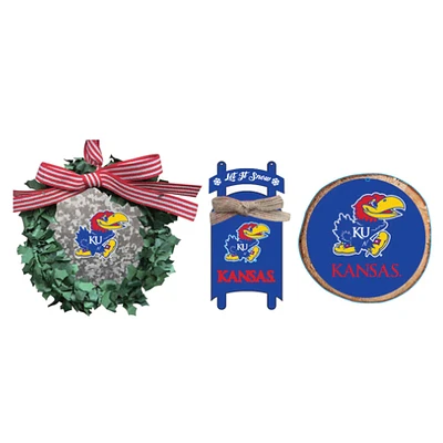 The Memory Company Kansas Jayhawks Lot de trois couronnes, traîneaux et décorations circulaires