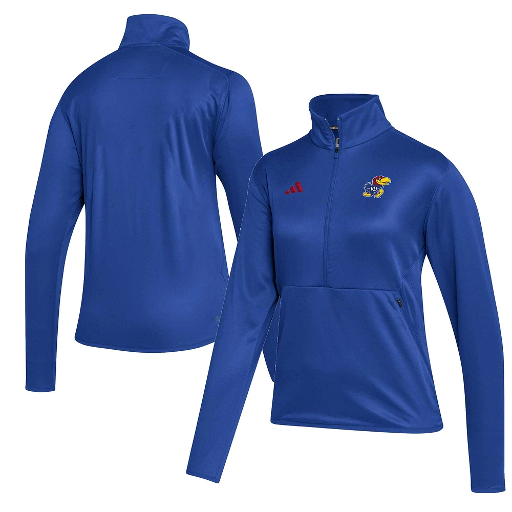 Women's adidas Royal Kansas Jayhawks 2023 Sideline AEROREADY Raglan Half-Zip Top