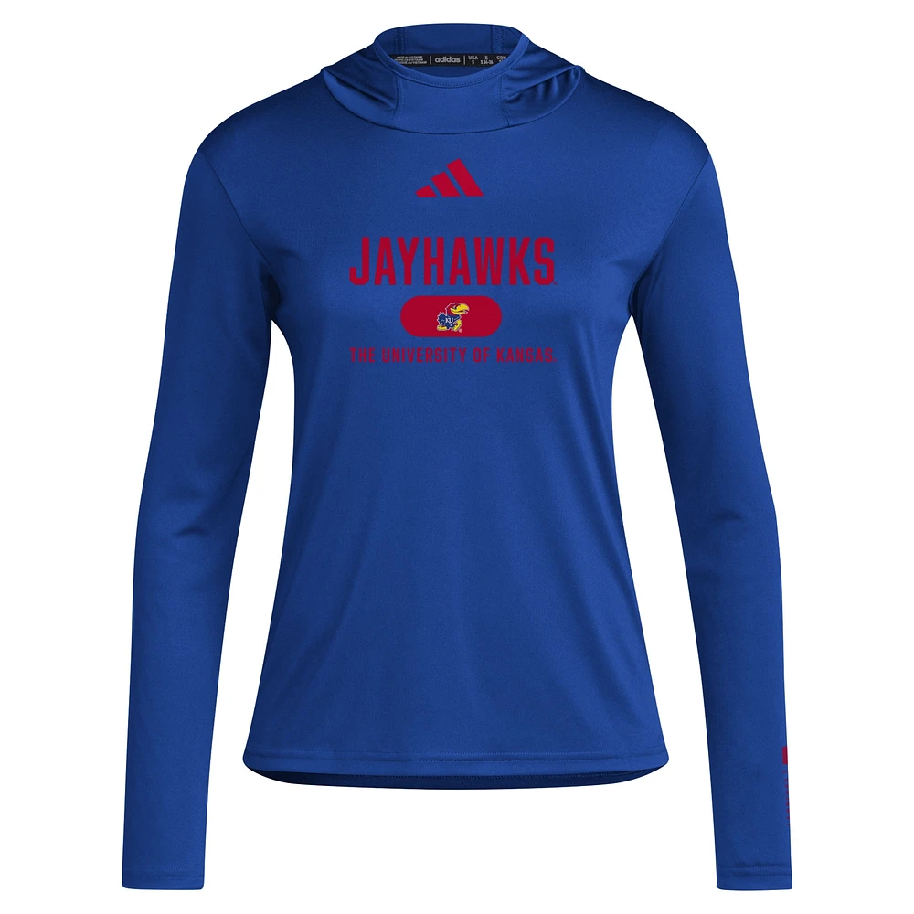 T-shirt à capuche manches longues adidas Royal Kansas Jayhawks pour femme