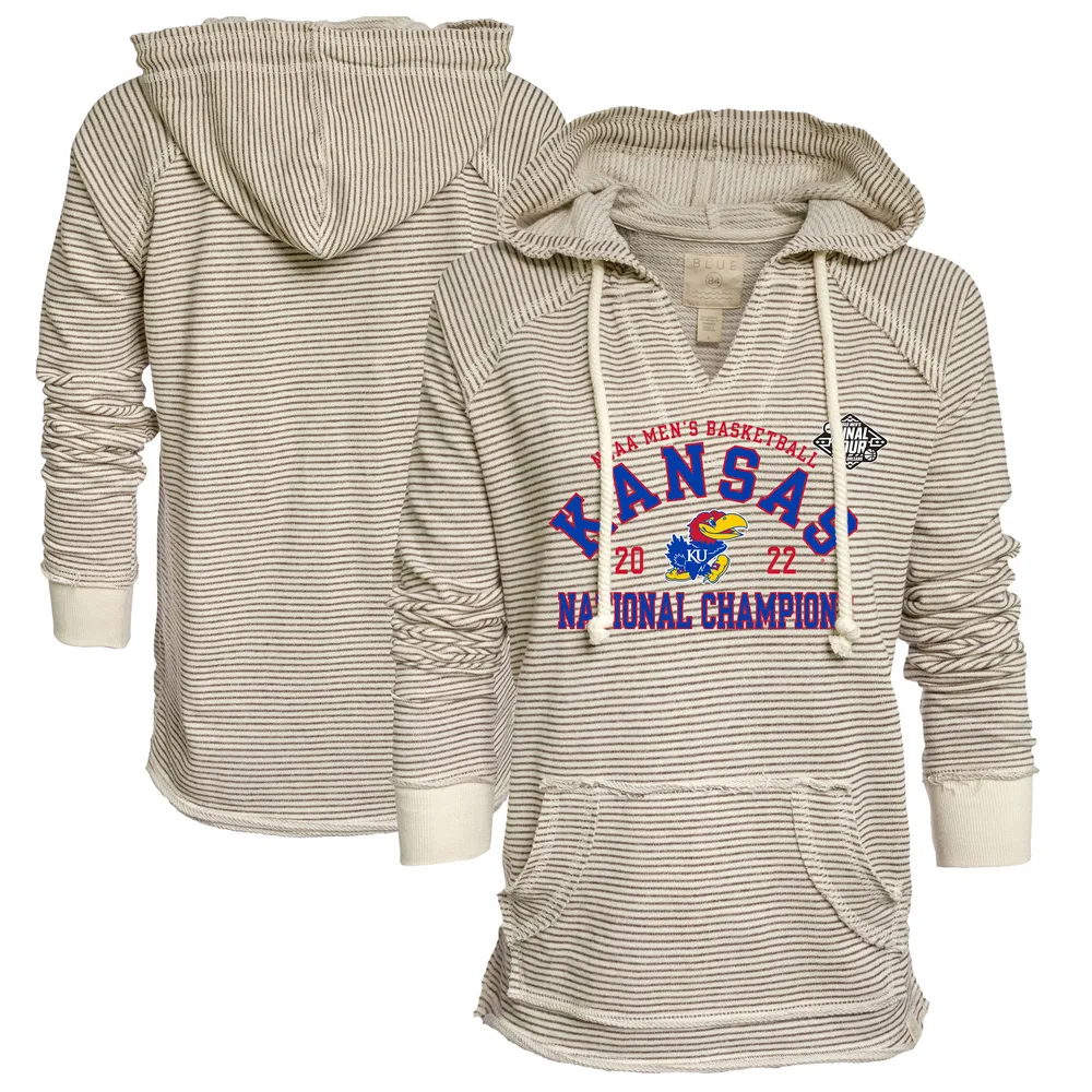 Women's Blue 84 Cream/Gray Kansas Jayhawks 2022 NCAA Men's Basketball National Champions French Terry V-Neck Pullover Hoodie