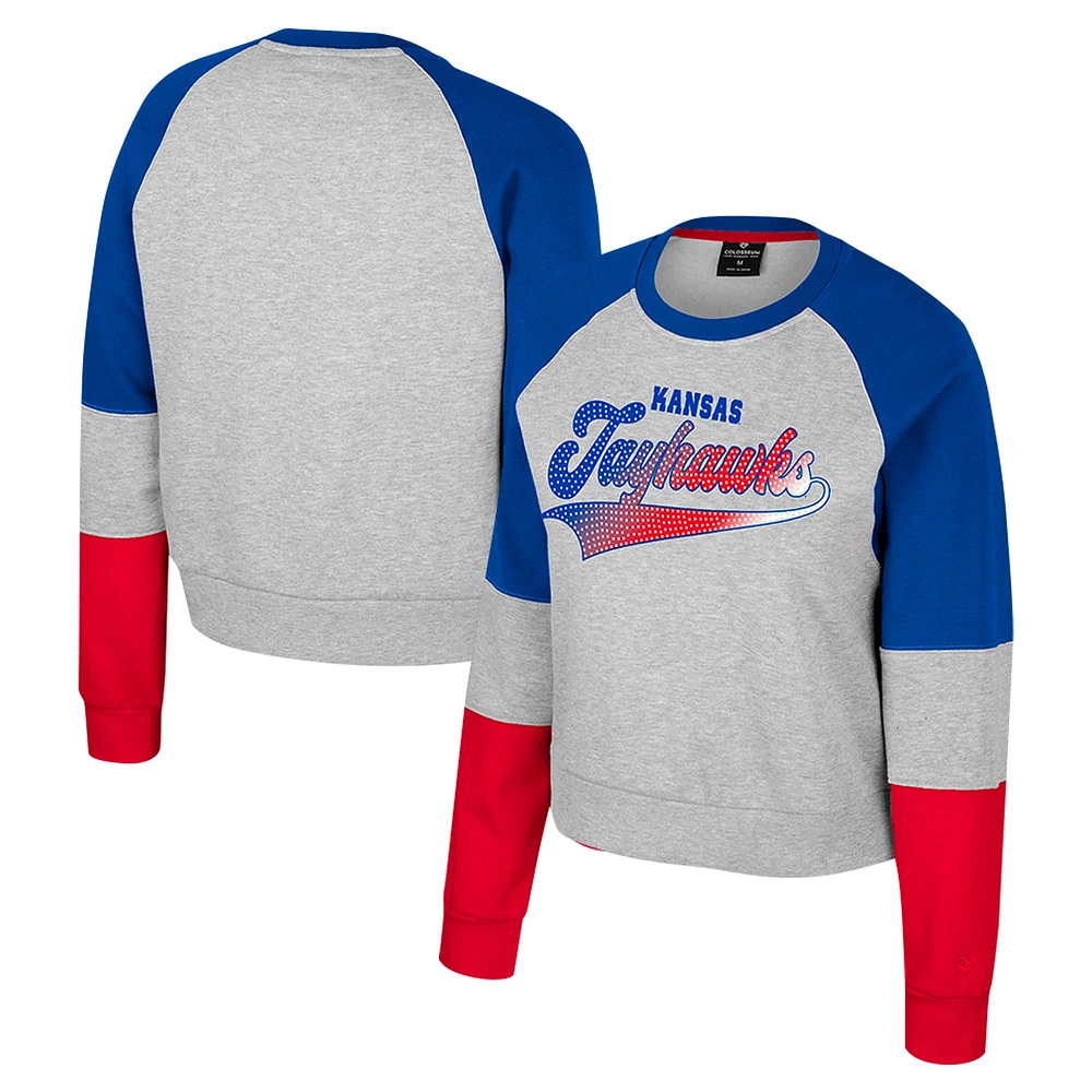 Sweat-shirt à col rond et strass Katinka pour femme Colosseum Heather Grey Kansas Jayhawks