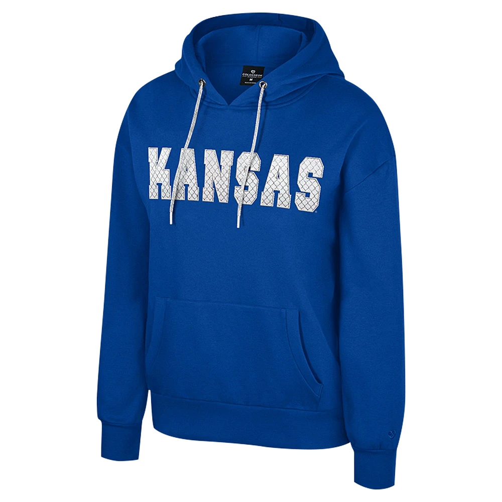 Women's Colosseum Royal Kansas Jayhawks Reflection Rhinestone Drawcord Pullover Hoodie