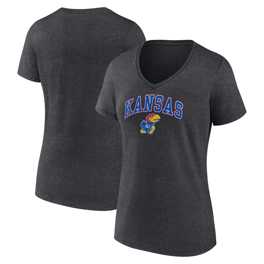 T-shirt à col en V pour femme Fanatics Heather Charcoal Kansas Jayhawks Campus